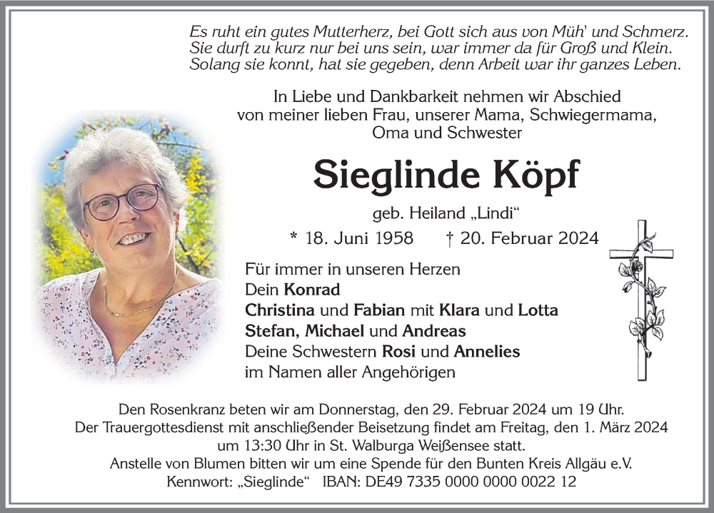  Traueranzeige für Sieglinde Köpf vom 27.02.2024 aus Allgäuer Zeitung, Marktoberdorf