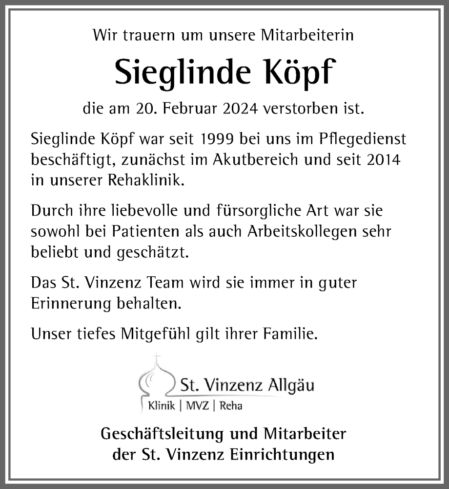  Traueranzeige für Sieglinde Köpf vom 28.02.2024 aus Allgäuer Zeitung, Füssen