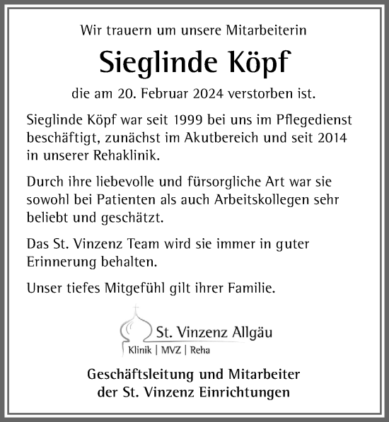 Traueranzeige von Sieglinde Köpf von Allgäuer Zeitung, Füssen