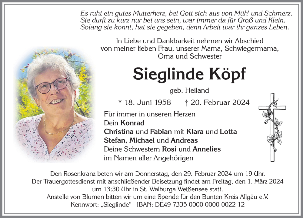  Traueranzeige für Sieglinde Köpf vom 27.02.2024 aus Allgäuer Zeitung, Füssen