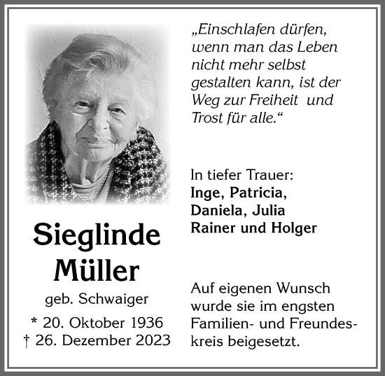 Traueranzeige von Sieglinde Müller von Allgäuer Zeitung, Marktoberdorf