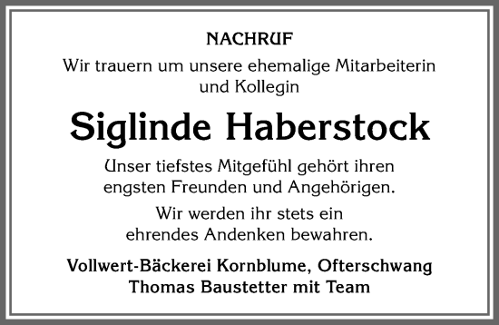 Traueranzeige von Siglinde Haberstock von Allgäuer Anzeigeblatt