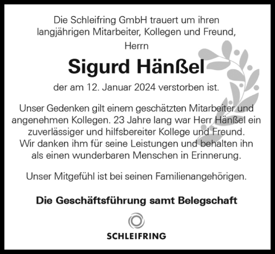 Traueranzeige von Sigurd Hänßel von Allgäuer Zeitung, Kaufbeuren/Buchloe
