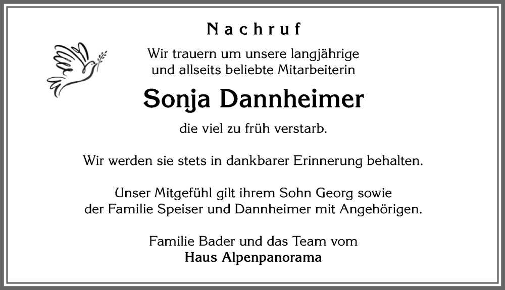  Traueranzeige für Sonja Dannheimer vom 14.02.2024 aus Allgäuer Zeitung,Kempten