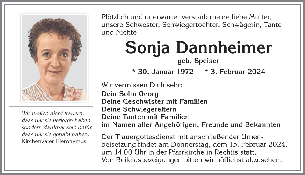  Traueranzeige für Sonja Dannheimer vom 10.02.2024 aus Allgäuer Zeitung,Kempten