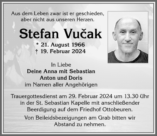 Traueranzeige von Stefan Vucak von Memminger Zeitung