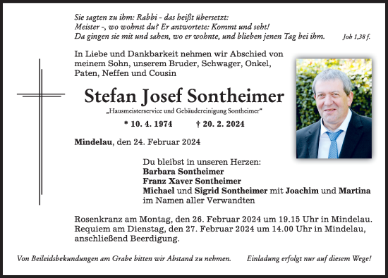 Traueranzeige von Stefan Josef Sontheimer von Augsburger Allgemeine, Mindelheimer Zeitung