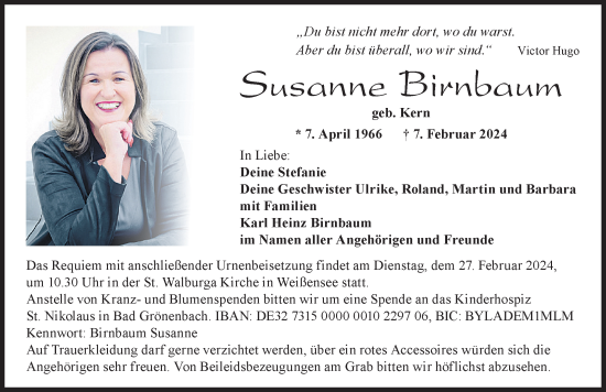 Traueranzeige von Susanne Birnbaum von Allgäuer Zeitung, Füssen
