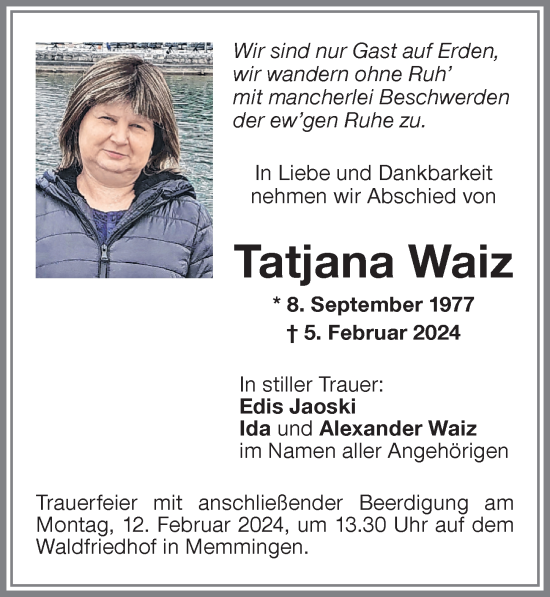 Traueranzeige von Tatjana Waiz von Memminger Zeitung