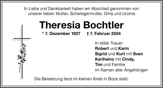 Traueranzeige von Theresia Bochtler von Memminger Zeitung