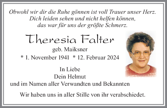 Traueranzeige von Theresia Falter von Allgäuer Zeitung, Füssen