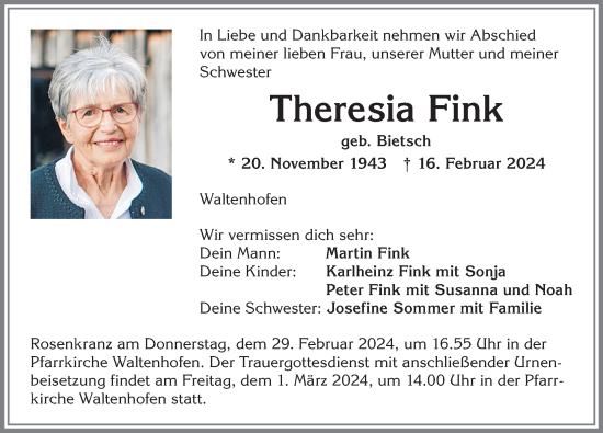 Traueranzeige von Theresia Fink von Allgäuer Anzeigeblatt