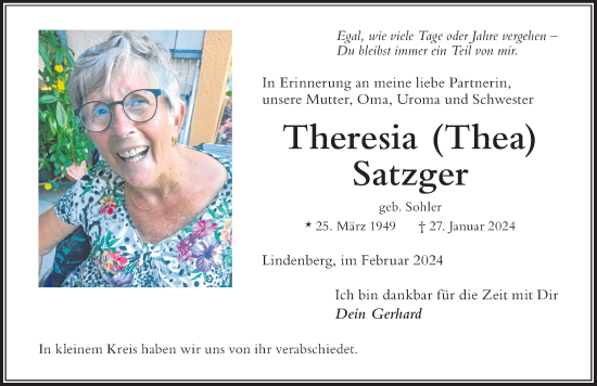 Traueranzeige von Theresia Satzger von Der Westallgäuer