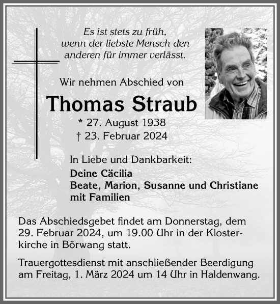 Traueranzeige von Thomas Straub von Allgäuer Zeitung,Kempten