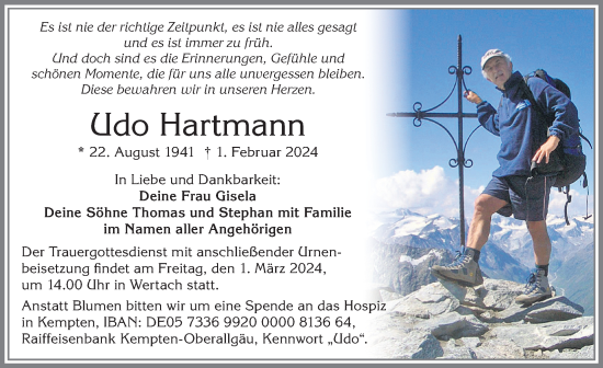 Traueranzeige von Udo Hartmann von Allgäuer Zeitung, Füssen