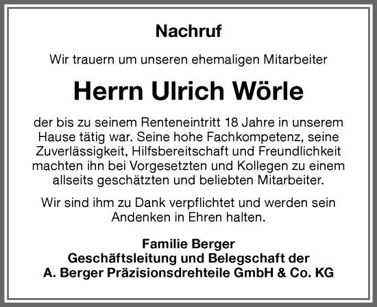 Traueranzeige von Ulrich Wörle von Memminger Zeitung