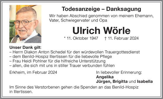 Traueranzeige von Ulrich Wörle von Memminger Zeitung