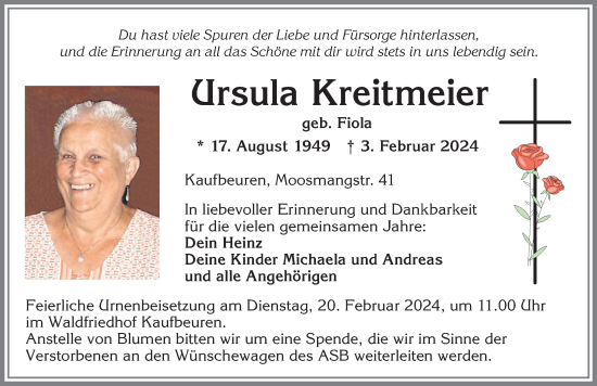 Traueranzeige von Ursula Kreitmeier von Allgäuer Zeitung, Kaufbeuren/Buchloe