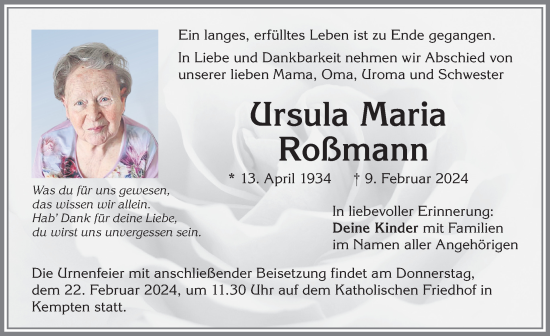 Traueranzeige von Ursula Maria Roßmann von Allgäuer Zeitung,Kempten