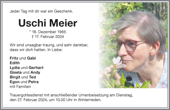 Traueranzeige von Uschi Meier von Illertisser Zeitung, Augsburger Allgemeine