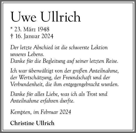Traueranzeige von Uwe Ullrich von Allgäuer Zeitung,Kempten