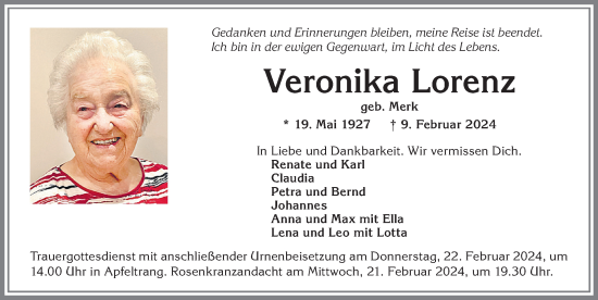 Traueranzeige von Veronika Lorenz von Allgäuer Zeitung, Kaufbeuren/Buchloe