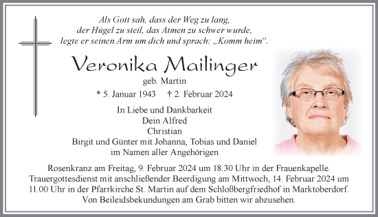 Traueranzeige von Veronika Mailinger von Allgäuer Zeitung, Marktoberdorf