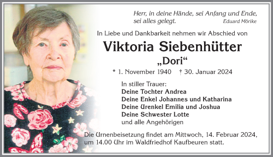 Traueranzeige von Viktoria Siebenhütter von Allgäuer Zeitung, Kaufbeuren/Buchloe