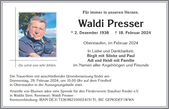 Traueranzeige von Waldi Presser von Allgäuer Anzeigeblatt