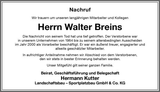 Traueranzeige von Walter Breins von Memminger Zeitung