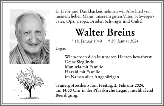 Traueranzeige von Walter Breins von Memminger Zeitung