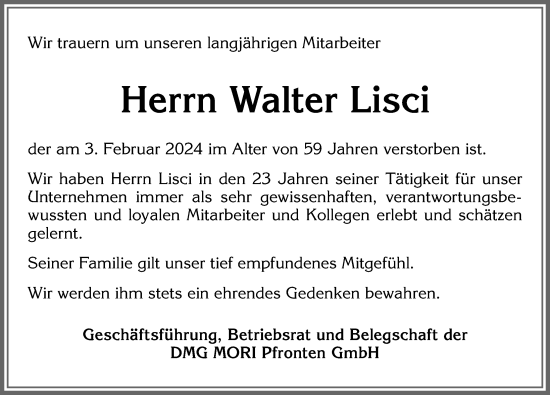 Traueranzeige von Walter Lisci von Allgäuer Zeitung, Füssen