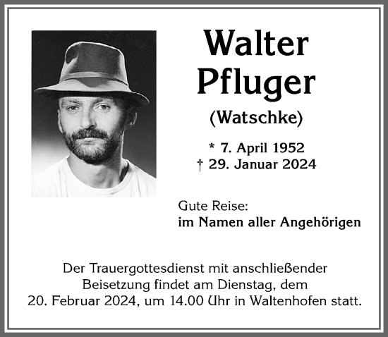 Traueranzeige von Walter Pfluger von Allgäuer Zeitung,Kempten