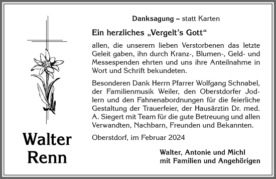 Traueranzeige von Walter Renn von Allgäuer Anzeigeblatt
