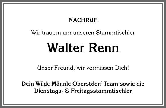 Traueranzeige von Walter Renn von Allgäuer Anzeigeblatt