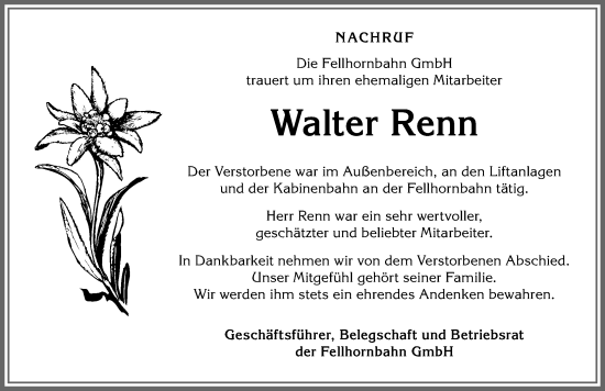 Traueranzeige von Walter Renn von Allgäuer Anzeigeblatt