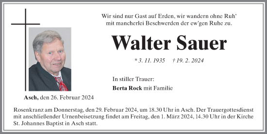 Traueranzeige von Walter Sauer von Allgäuer Zeitung, Füssen