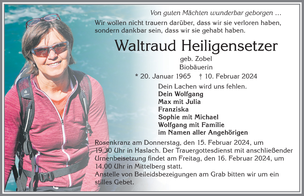  Traueranzeige für Waltraud Heiligensetzer vom 14.02.2024 aus Allgäuer Zeitung,Kempten