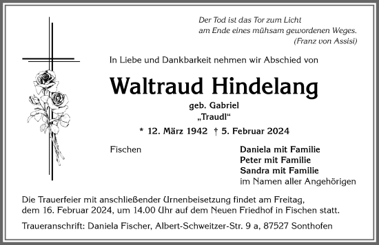 Traueranzeige von Waltraud Hindelang von Allgäuer Anzeigeblatt