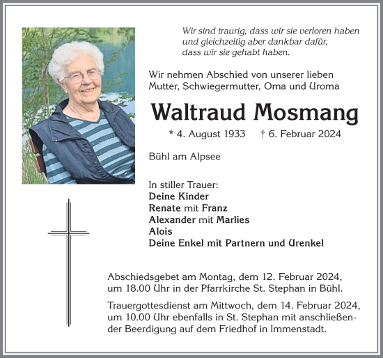 Traueranzeige von Waltraud Mosmang von Allgäuer Anzeigeblatt