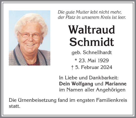 Traueranzeige von Waltraud Schmidt von Allgäuer Zeitung,Kempten