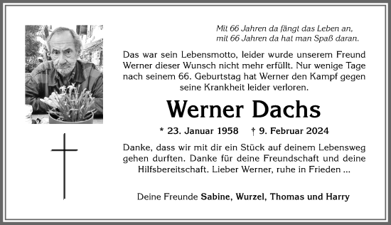 Traueranzeige von Werner Dachs von Allgäuer Anzeigeblatt