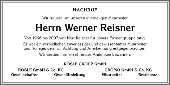 Traueranzeige von Werner Reisner von Allgäuer Zeitung, Marktoberdorf