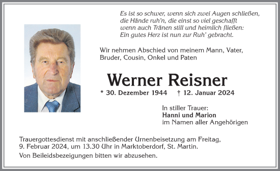 Traueranzeige von Werner Reisner von Allgäuer Zeitung, Marktoberdorf