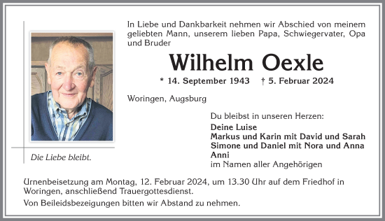 Traueranzeige von Wilhelm Oexle von Memminger Zeitung