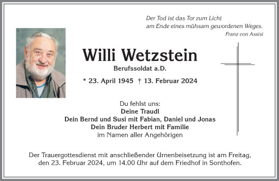 Traueranzeige von Willi Wetzstein von Allgäuer Anzeigeblatt