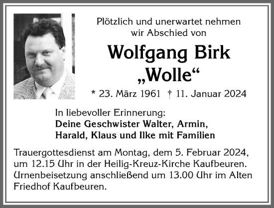 Traueranzeige von Wolfgang Birk von Allgäuer Zeitung, Kaufbeuren/Buchloe