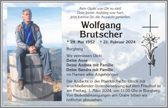 Traueranzeige von Wolfgang Brutscher von Allgäuer Anzeigeblatt