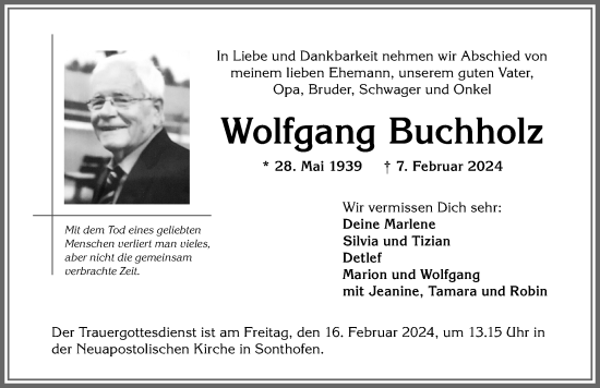 Traueranzeige von Wolfgang Buchholz von Allgäuer Anzeigeblatt