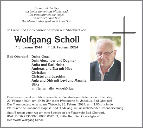 Traueranzeige von Wolfgang Scholl von Allgäuer Anzeigeblatt